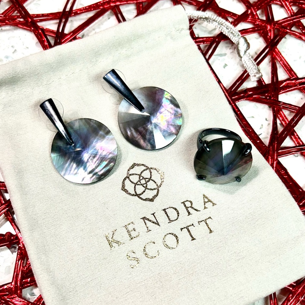 Kendra Scott Jolie Navy Black Mother of Pearl Drop Dangle Earrings & ring size 6